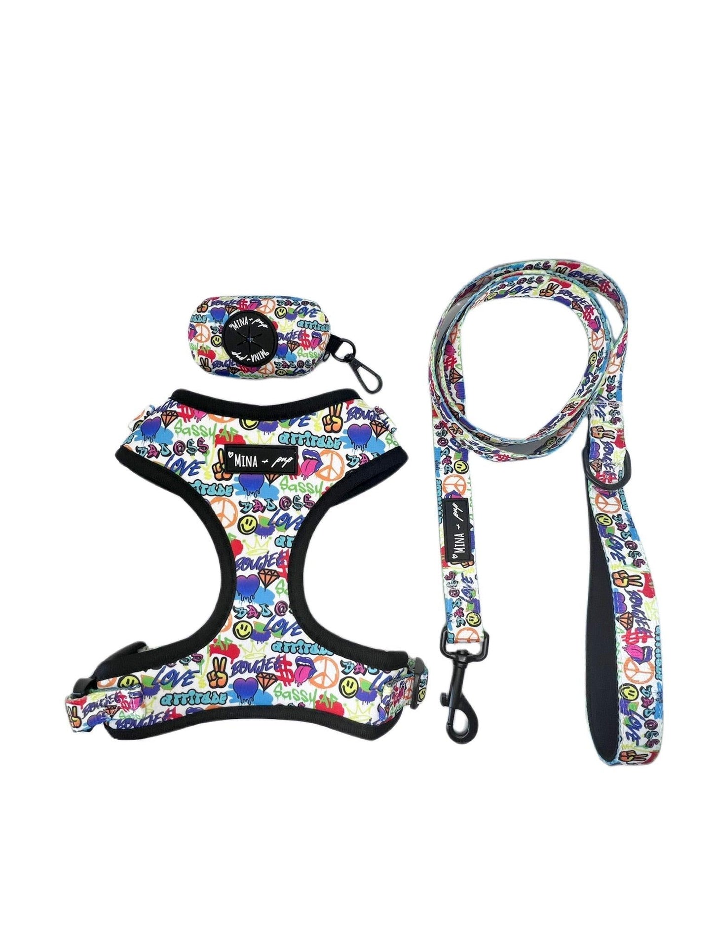 Attitude Collection: Graffiti Edition Bundle - Adjustable Harness, Comfort Leash, and Poop Bag - Dog Hugs Cat