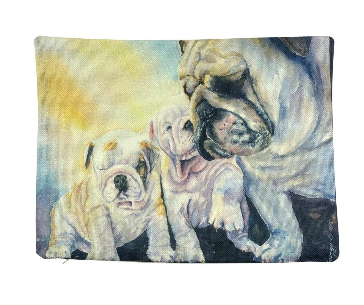 Bulldog and Puppies Watercolor Pillow Cover - Dog Hugs Cat