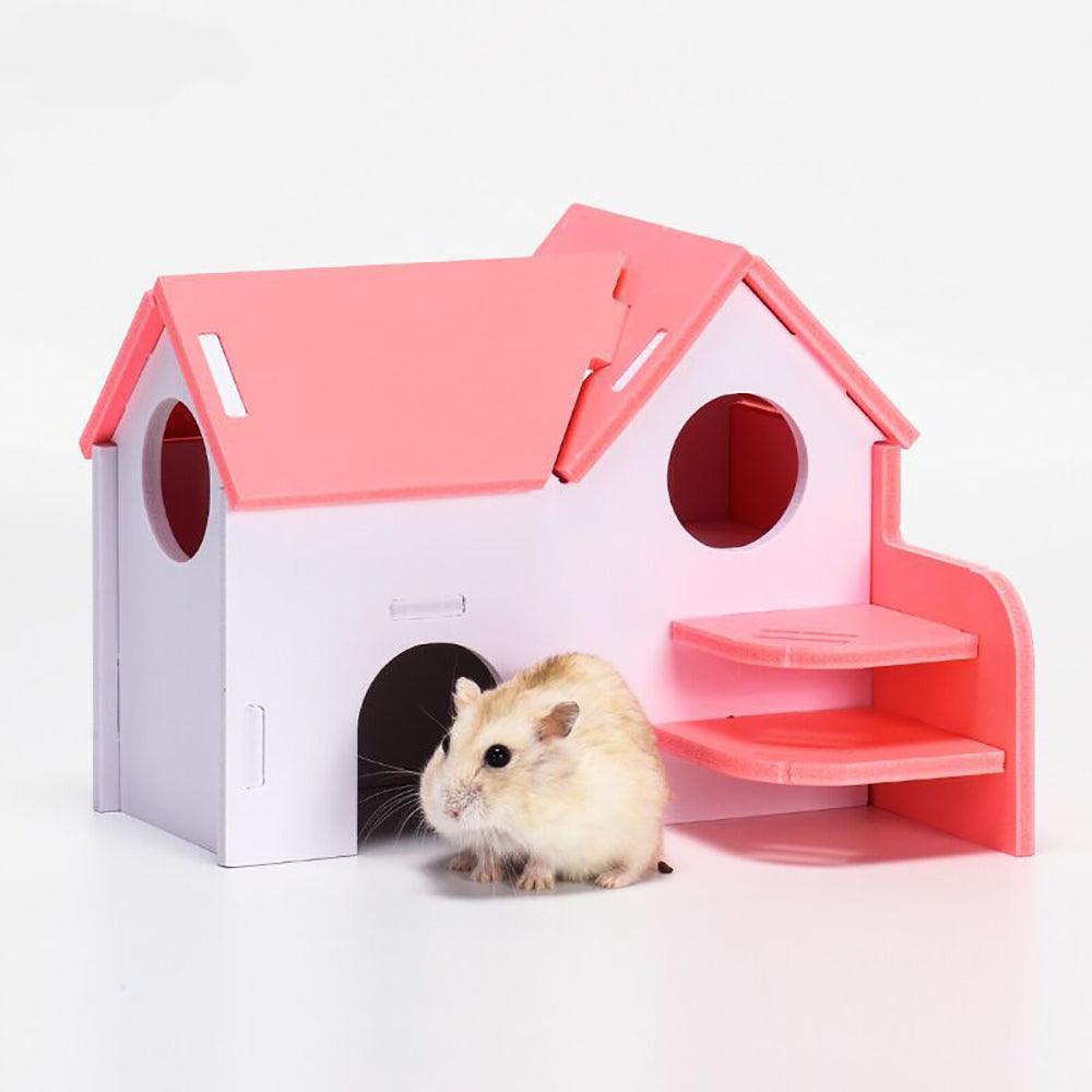 Colorful Double - Storey Hamster Sleeping Nest: A Stylish Wooden Villa Toy For Small Pets - Dog Hugs Cat