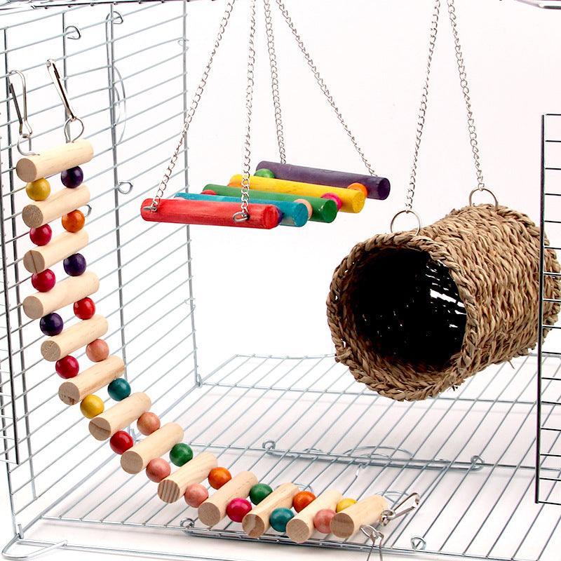 Colorful Wood Parrot Playground: Swing, Climb, And Play! - Dog Hugs Cat