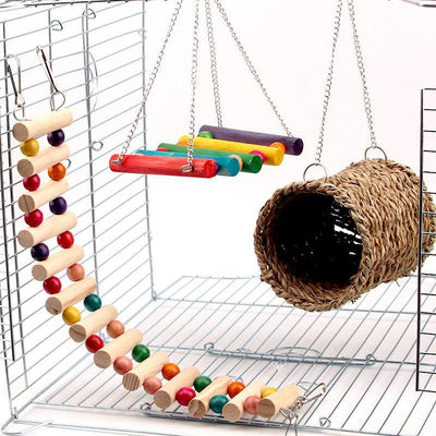 Colorful Wood Parrot Playground: Swing, Climb, And Play! - Dog Hugs Cat