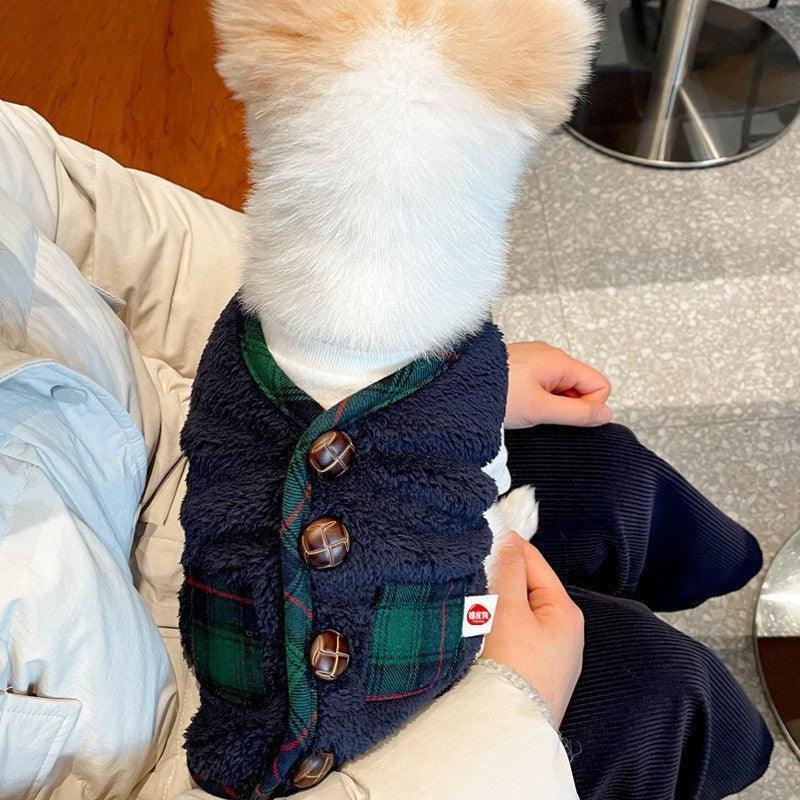 Cozy Canine Christmas Ensemble: Two - Piece Vest Sweater Coat And Scarf - Dog Hugs Cat