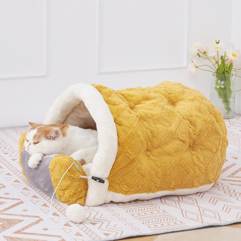 Cozy Cave Cat Bed: Arctic Velvet Game Console - Dog Hugs Cat