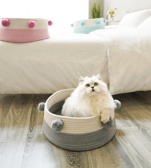 Cozy Cotton Pompom Cat Basket - The Perfect Retreat For Your Feline Friend! - Dog Hugs Cat