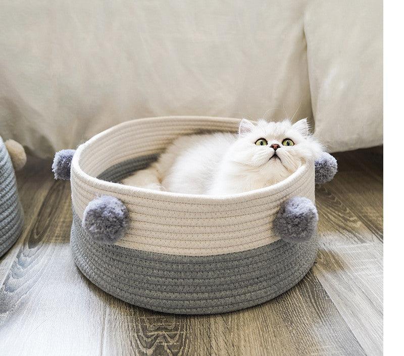 Cozy Cotton Pompom Cat Basket - The Perfect Retreat For Your Feline Friend! - Dog Hugs Cat