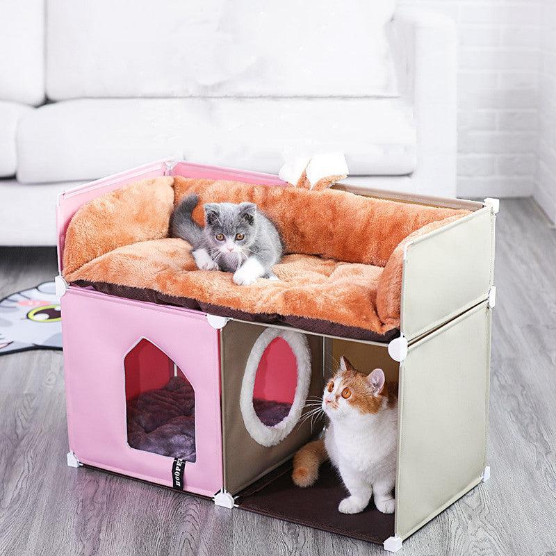 Cozy Kitty Retreat: Double - Story Enclosed Cat House - Dog Hugs Cat