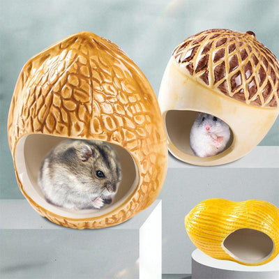 Cozy Nutshell Ceramic Hamster Nest - Dog Hugs Cat