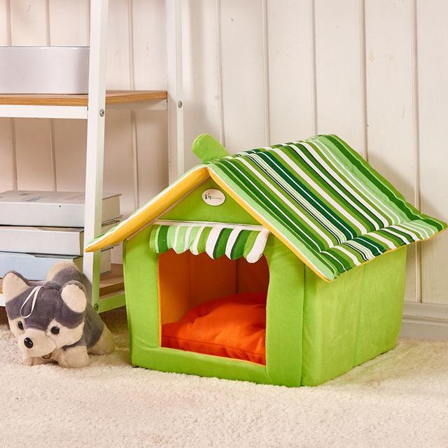 Cozy Striped Foldable Pet House And Bed - Dog Hugs Cat