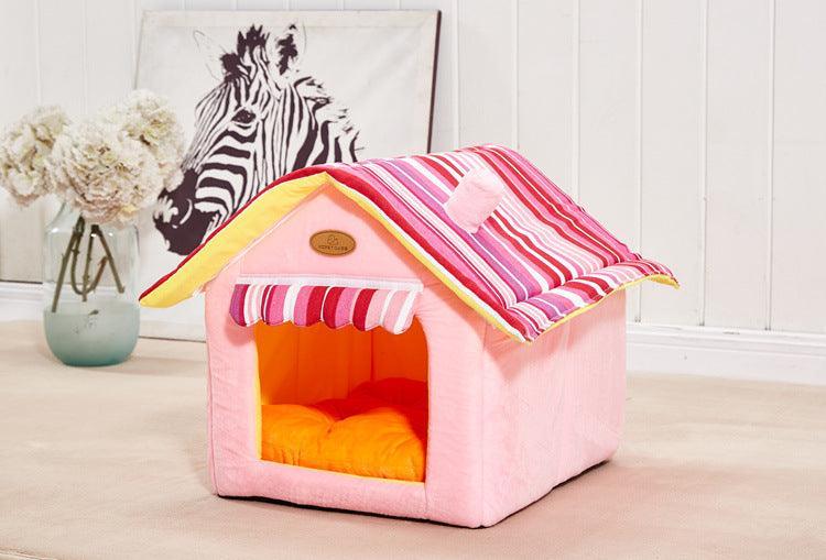 Cozy Striped Foldable Pet House And Bed - Dog Hugs Cat