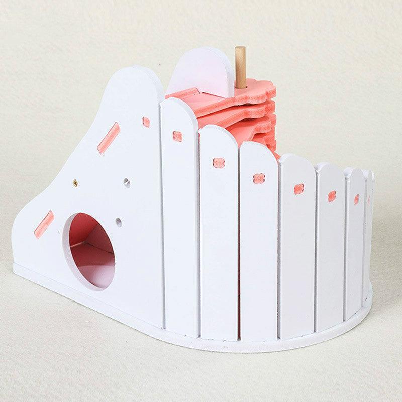 Cozy Woodland Retreat: Small Wooden Hamster Sleeping Nest With Round Slide - Dog Hugs Cat