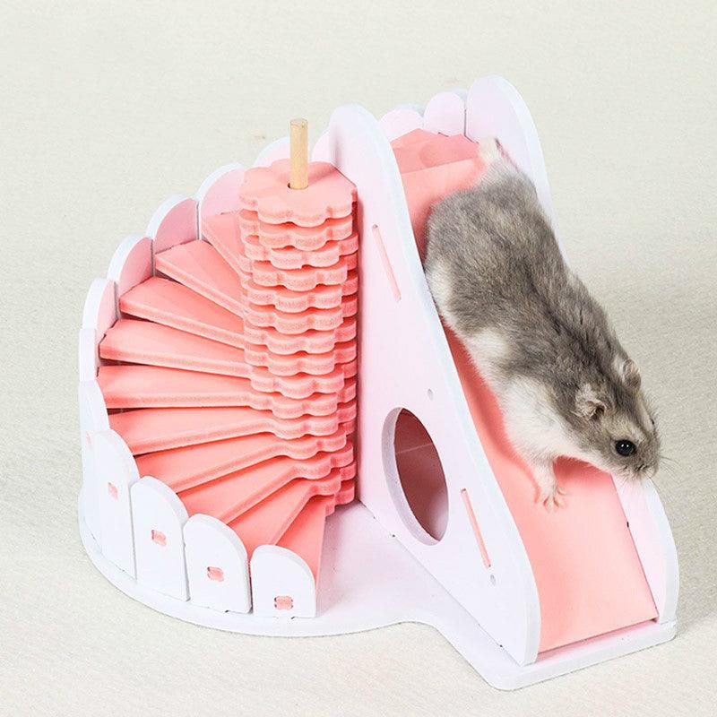 Cozy Woodland Retreat: Small Wooden Hamster Sleeping Nest With Round Slide - Dog Hugs Cat