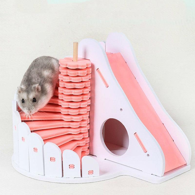 Cozy Woodland Retreat: Small Wooden Hamster Sleeping Nest With Round Slide - Dog Hugs Cat