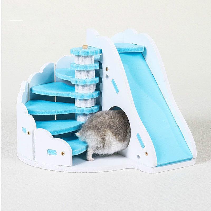 Cozy Woodland Retreat: Small Wooden Hamster Sleeping Nest With Round Slide - Dog Hugs Cat