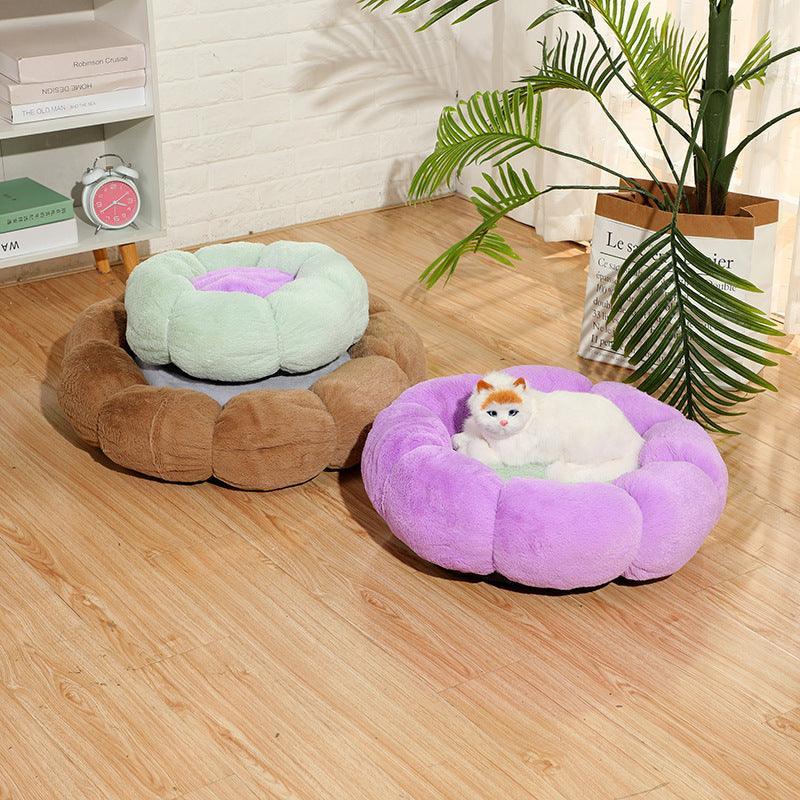 Cozyfluff Autumn Winter Plus Velvet Thick Round Flower Cat Litter Kennel - Dog Hugs Cat