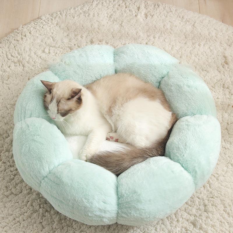 Cozyfluff Autumn Winter Plus Velvet Thick Round Flower Cat Litter Kennel - Dog Hugs Cat