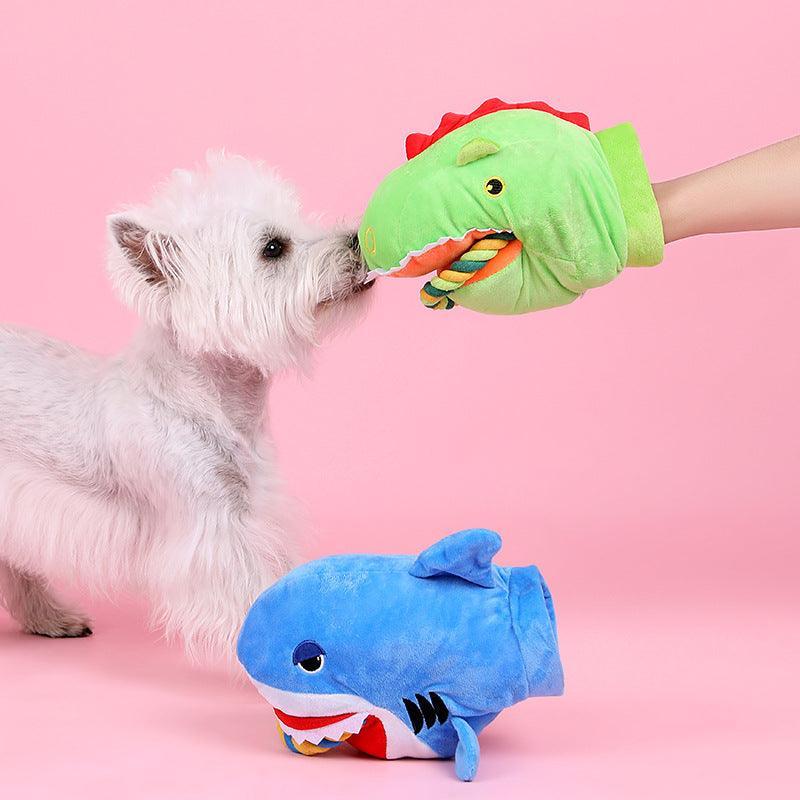 Cuddly Critter Plush Dog Toy - Monster Shark - Dog Hugs Cat