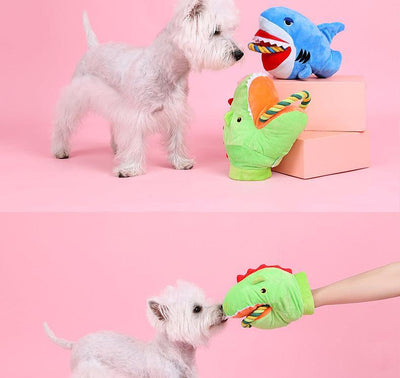 Cuddly Critter Plush Dog Toy - Monster Shark - Dog Hugs Cat