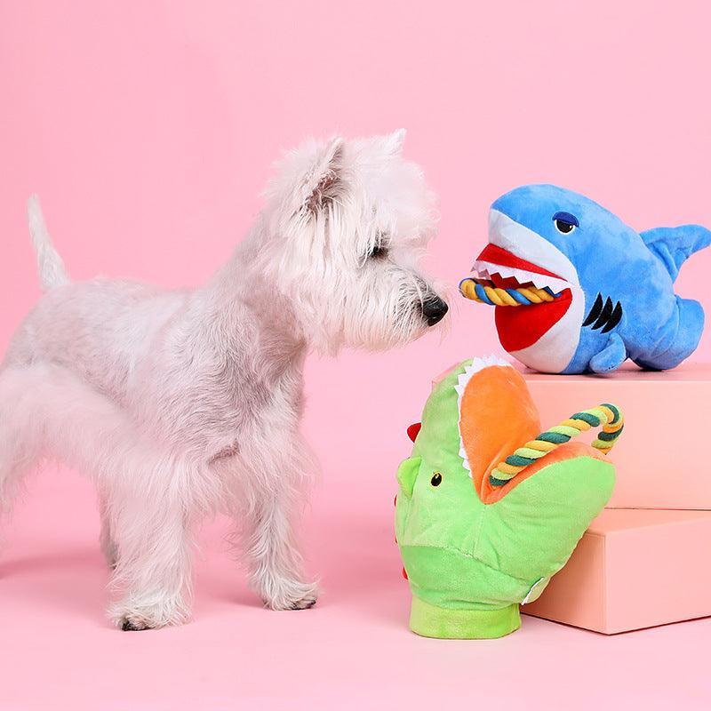 Cuddly Critter Plush Dog Toy - Monster Shark - Dog Hugs Cat