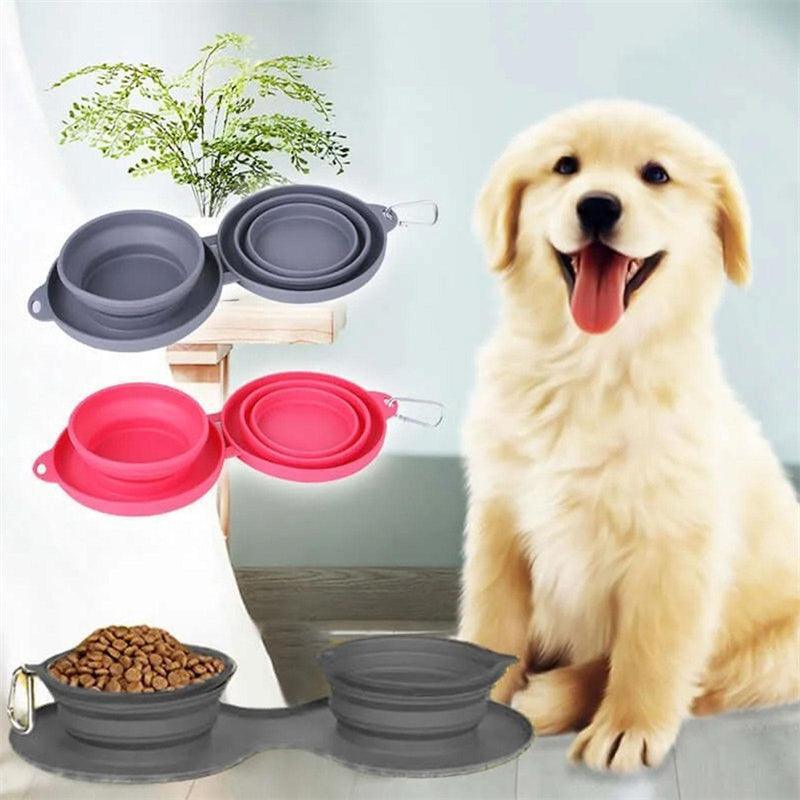 Double Collapsible Pet Feeding Bowl Set - Convenient And Portable Dog And Cat Bowls - Dog Hugs Cat