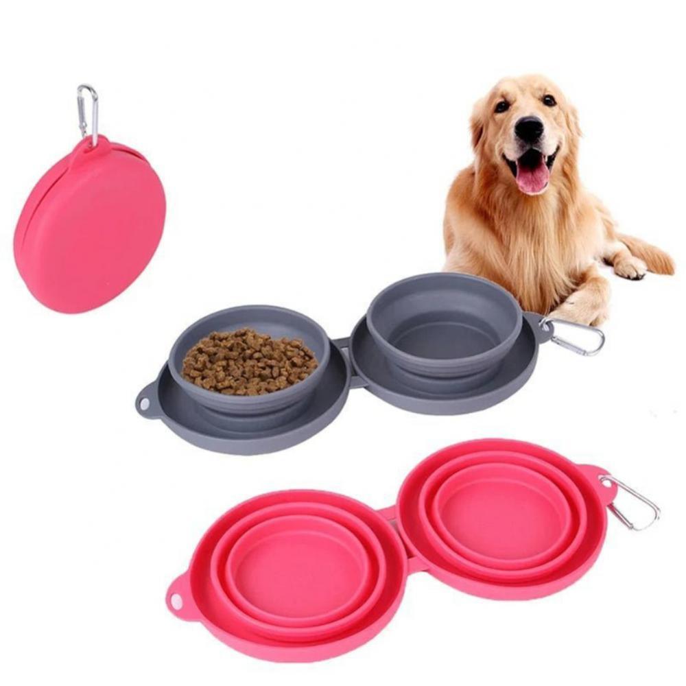 Double Collapsible Pet Feeding Bowl Set - Convenient And Portable Dog And Cat Bowls - Dog Hugs Cat