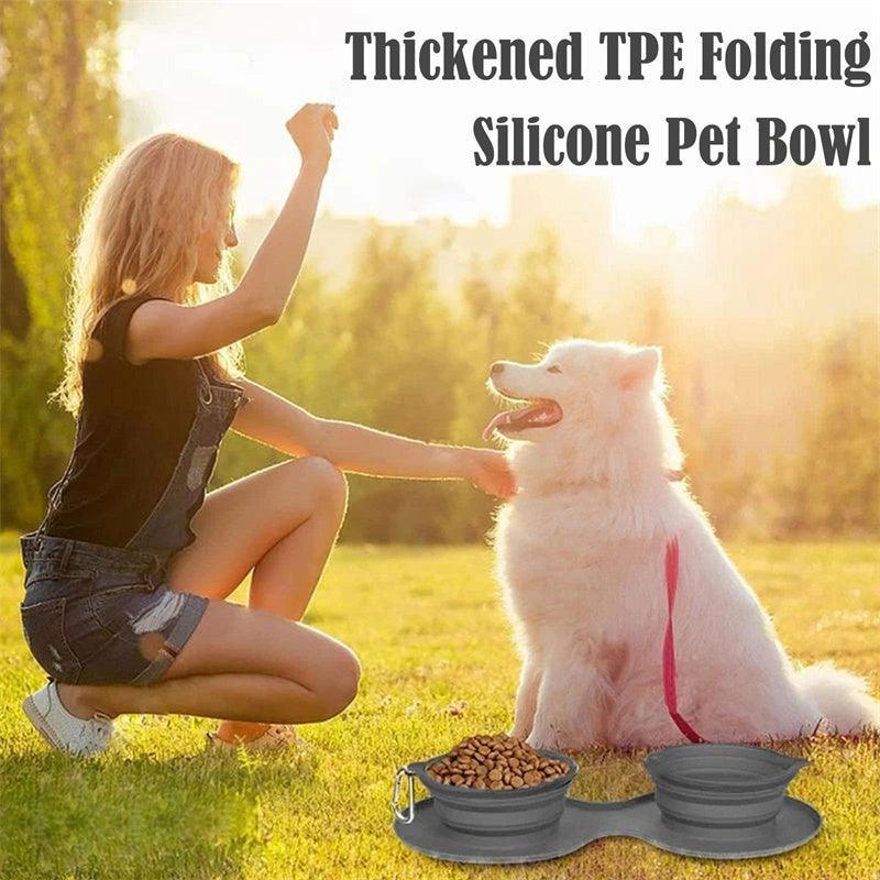 Double Collapsible Pet Feeding Bowl Set - Convenient And Portable Dog And Cat Bowls - Dog Hugs Cat