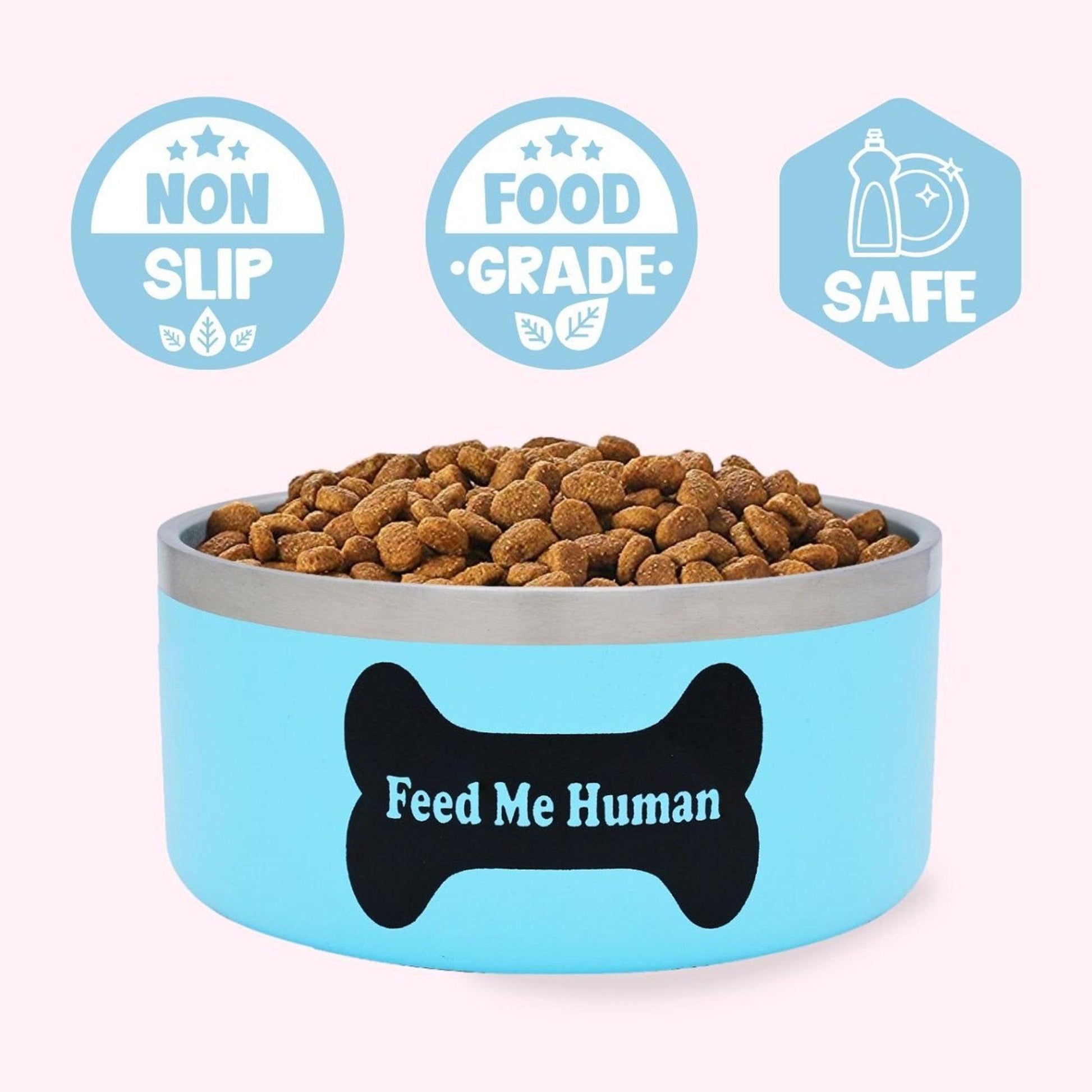 "Feed Me Human" Premium Stainless Steel Dog Bowl - Dog Hugs Cat