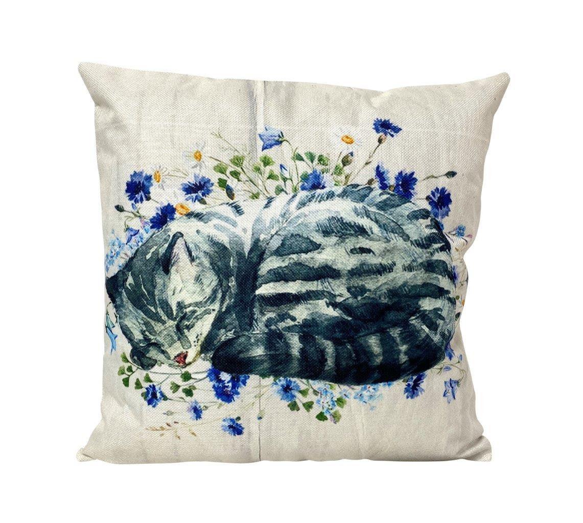 WaterColor Grey Cat Pillow - Handmade in America