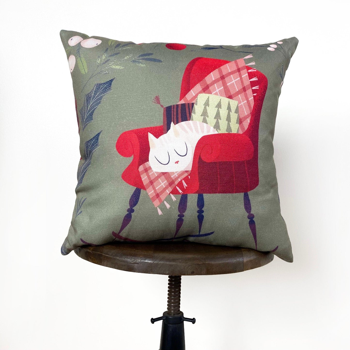 Handmade Christmas Kitty on Chair Throw Pillow