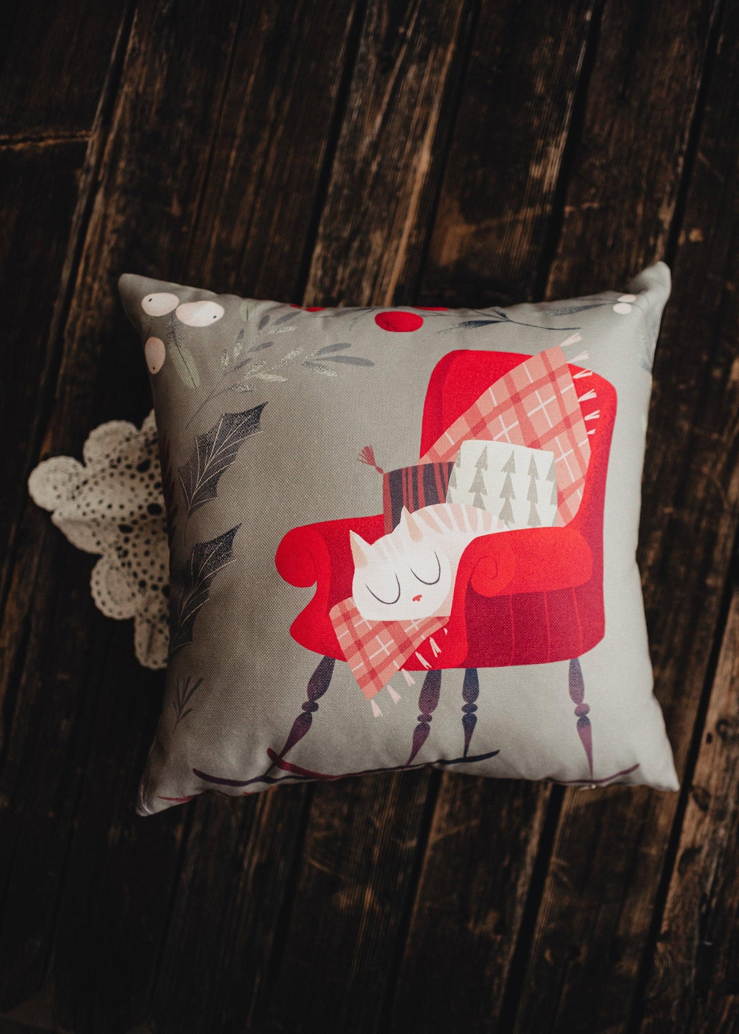 Handmade Christmas Kitty on Chair Throw Pillow