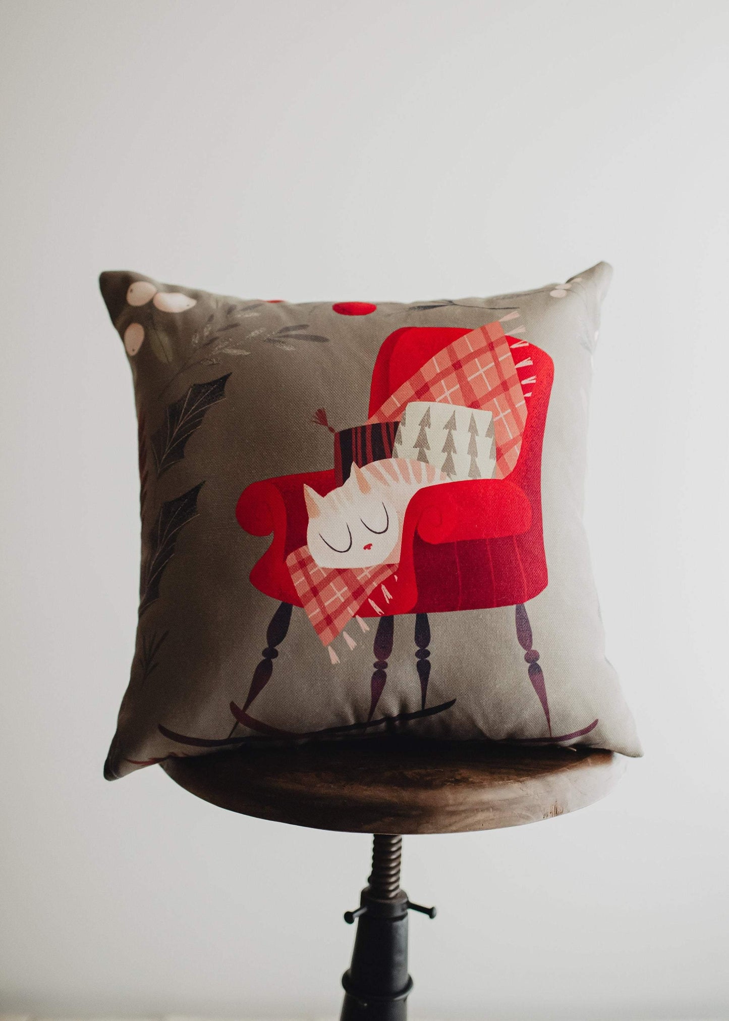 Handmade Christmas Kitty on Chair Throw Pillow