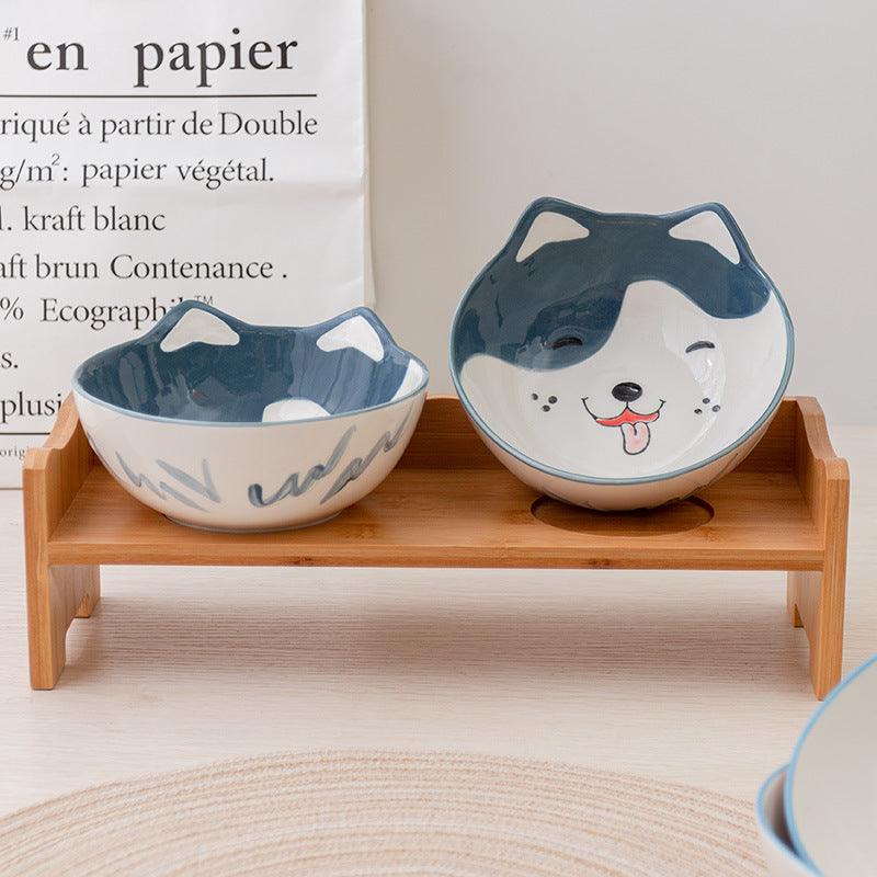 Ceramic Cat Bowl Shelf Protects The Cervical Spine, High Feet And Double Bowls - Dog Hugs Cat