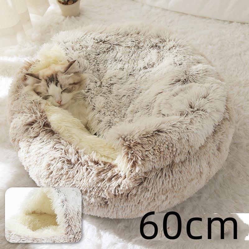 Pet Bed Round Plush Warm Bed House Soft Long Plush Bed 2 In 1 Bed - Dog Hugs Cat