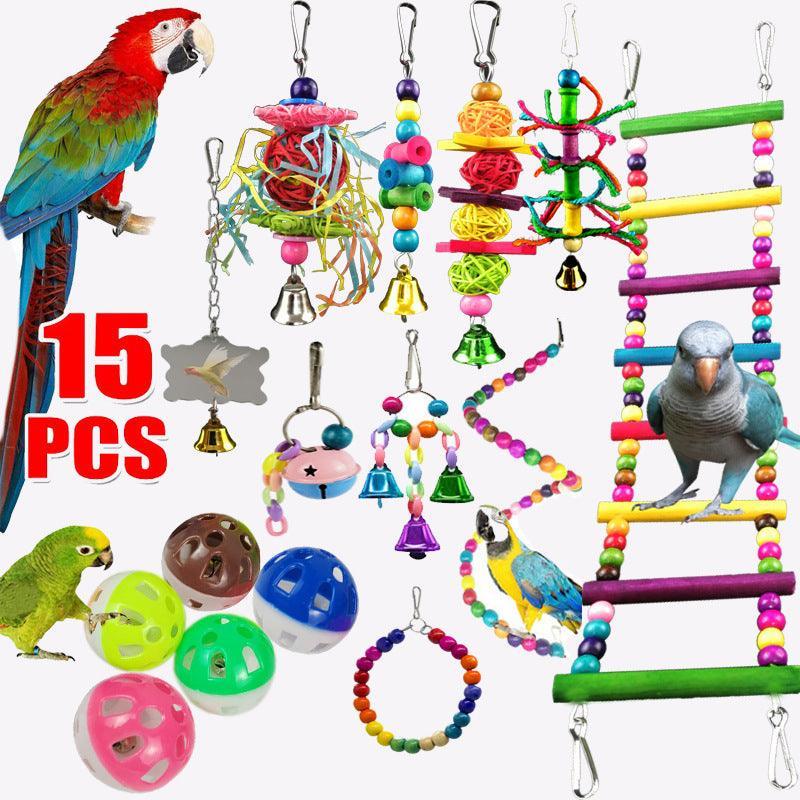 10-Piece Parrot Playtime Paradise: Wooden Bead Rotating Ladder, Swing Stand, and Chew Toy Set - Dog Hugs Cat