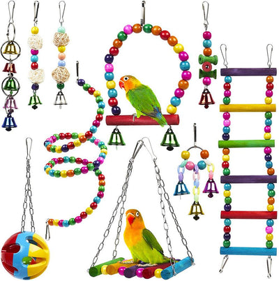 10-Piece Parrot Playtime Paradise: Wooden Bead Rotating Ladder, Swing Stand, and Chew Toy Set - Dog Hugs Cat