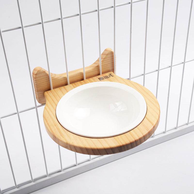 Pet Supplies Ceramic Bowl Solid Wood Stand - Dog Hugs Cat