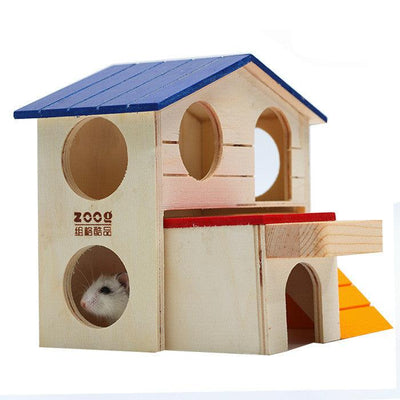 Wooden Hamster Toys Blue Top Villa Hamster Chalet Small Pet Toys Molar Decompression - Dog Hugs Cat