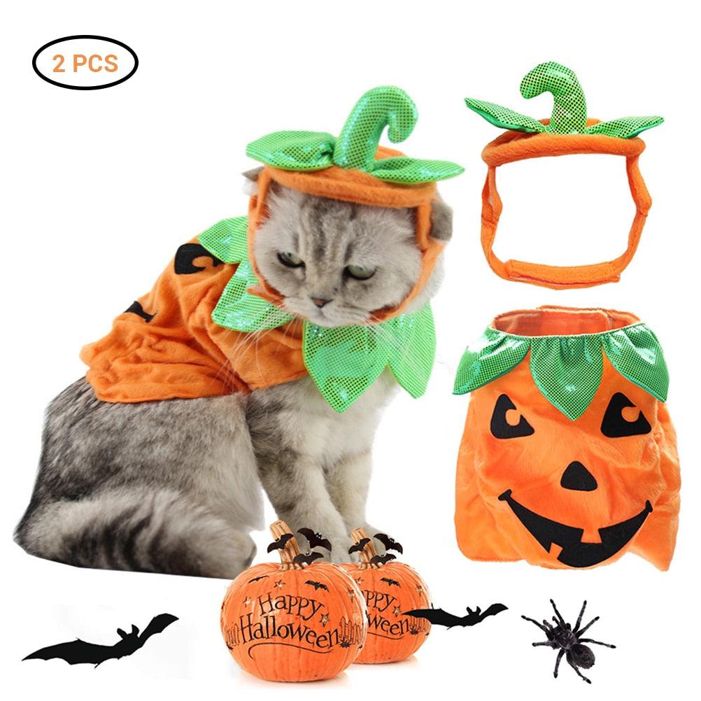 Halloween Pet Cats Costume Props Creative Pumpkin Shape Green Leaf Decoration Cosplay Clothing Holiday Garment Supplies - Dog Hugs Cat