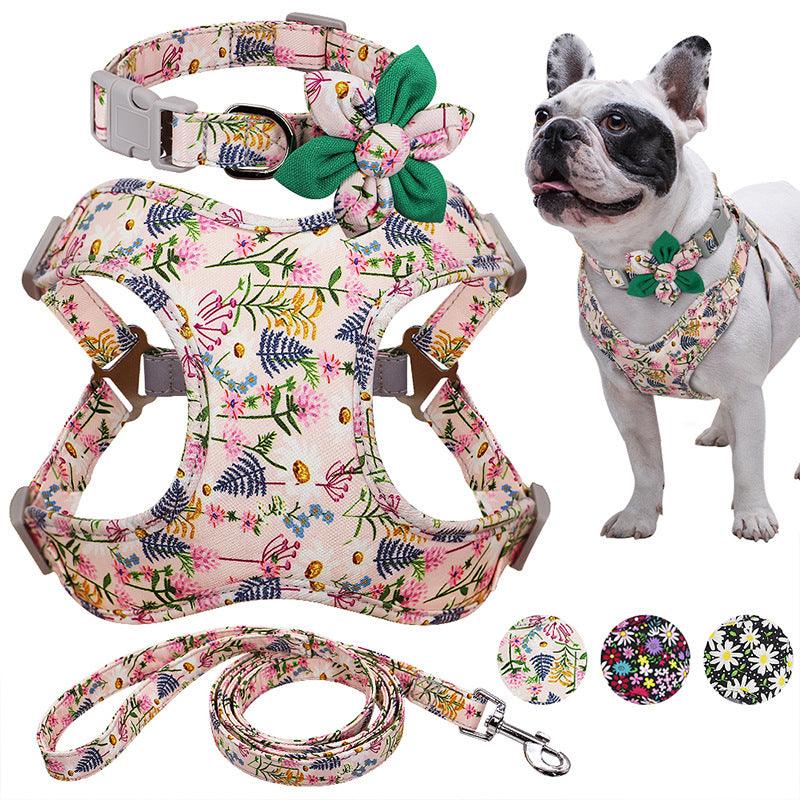 Flower Printed Dog Collar Harness Leash Set Nylon Small Medium Large Dogs Harness Vest Collar Leashes For Chihuahua Puppy Pet - Dog Hugs Cat