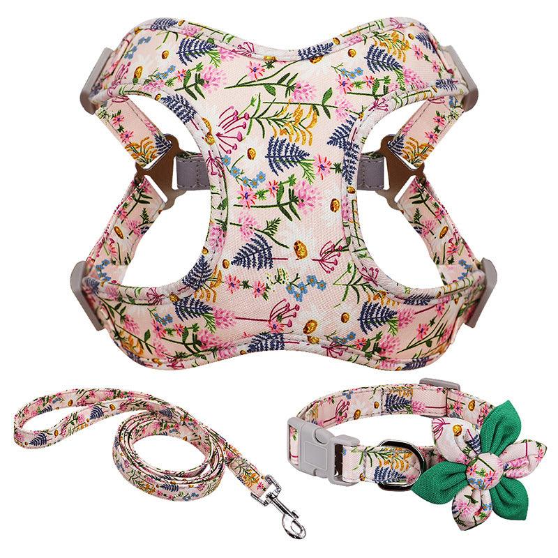 Flower Printed Dog Collar Harness Leash Set Nylon Small Medium Large Dogs Harness Vest Collar Leashes For Chihuahua Puppy Pet - Dog Hugs Cat