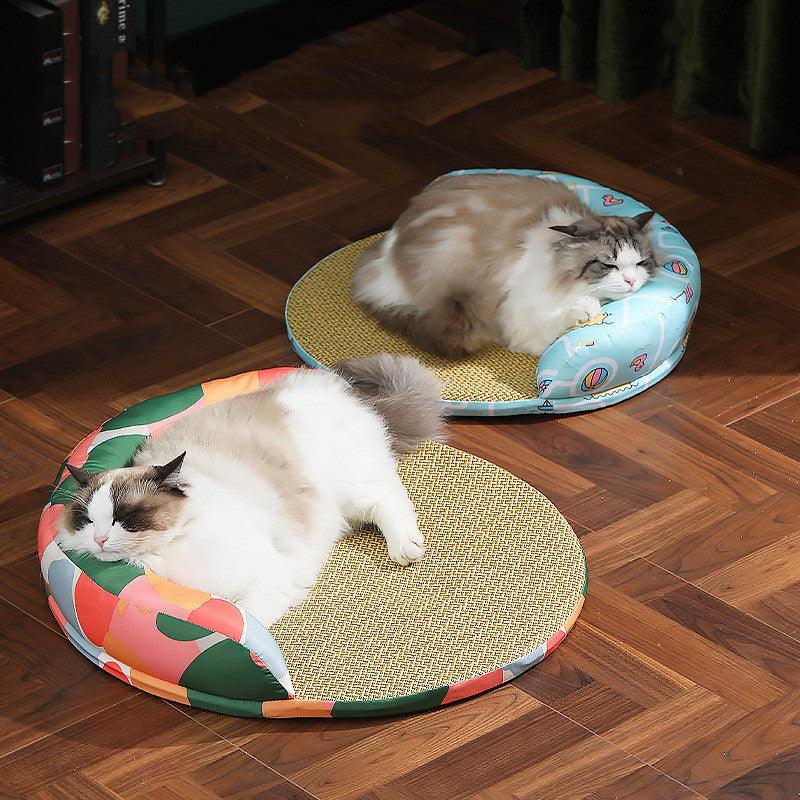 New Summer Cool Pet Sofa Beds Weaving Rattan Pillow To Lean On Mat Cat Dog Nest Etachable Prevent Cervical Spondylosis Pet Bed - Dog Hugs Cat