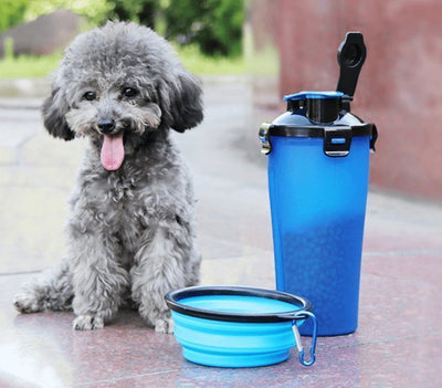2 In 1Pet Water Bottle Dispenser Travel Portable Dog Cat Drinking Silicone Bowl - Dog Hugs Cat