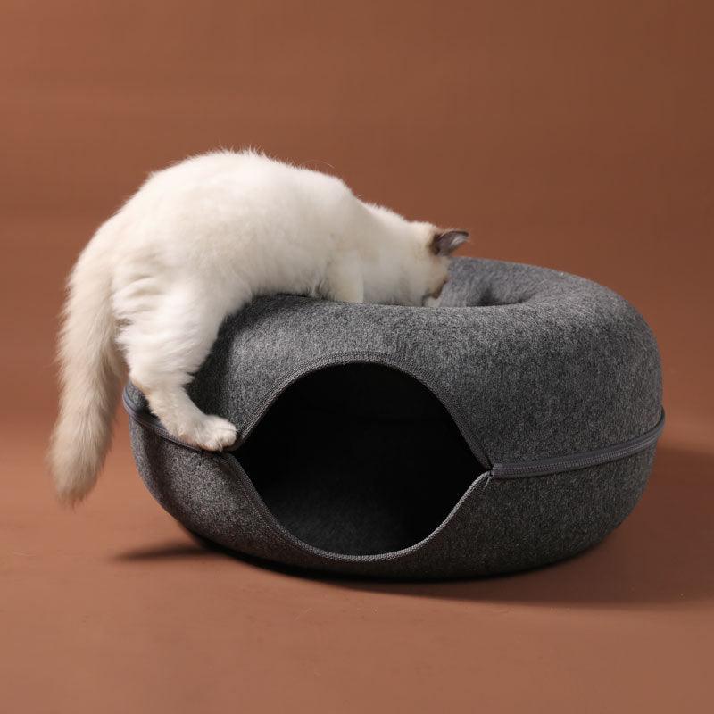 Four Seasons Available Cat Nest Round Woolen Felt Pet Dual-Use Cat Nest Tunnel Interactive Training Toy Grey Felt Cat Nest - Dog Hugs Cat