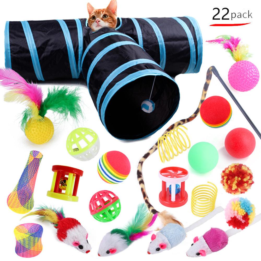 22-Piece Funny Cat Toy Set with Cat Tunnel - Interactive Pet Toys for Endless Fun - Dog Hugs Cat