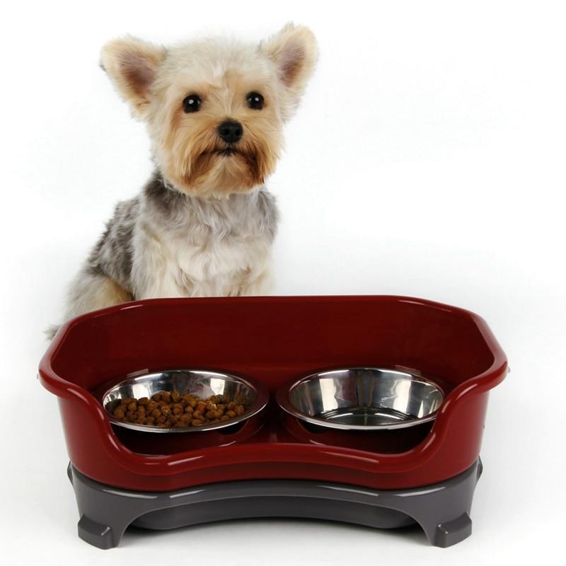 Dog Bowl Cat Bowl Pet Cat Double Basin Splash-Proof Neat Dog Cat Rice Bowl Food Bowl Stainless Steel Bowl - Dog Hugs Cat