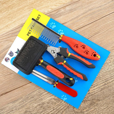 Dog Grooming Four-Piece Comb Brush Nail Scissors File Cleaning Kit - Dog Hugs Cat