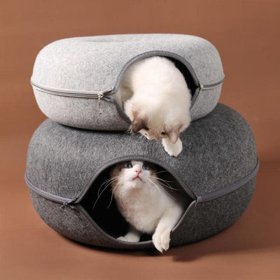 Four Seasons Available Cat Nest Round Woolen Felt Pet Dual-Use Cat Nest Tunnel Interactive Training Toy Grey Felt Cat Nest - Dog Hugs Cat