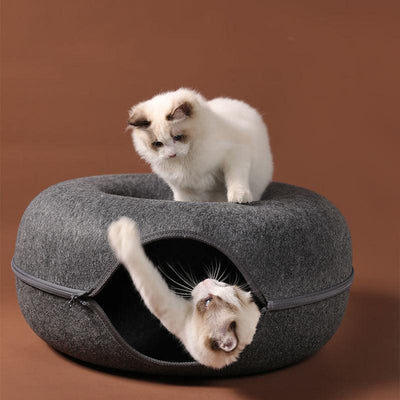 Four Seasons Available Cat Nest Round Woolen Felt Pet Dual-Use Cat Nest Tunnel Interactive Training Toy Grey Felt Cat Nest - Dog Hugs Cat