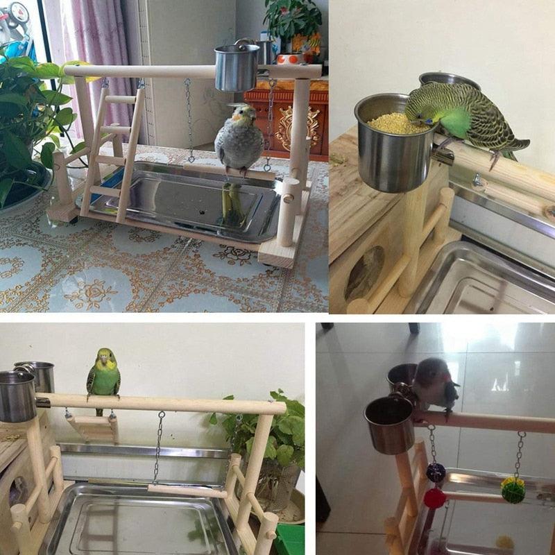 Wooden Small Cockatiel Floor Parrot Standing Stand - Dog Hugs Cat