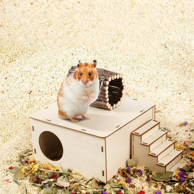Hamster Natural Wooden Fence Landscaping Platform Swing Toy - Dog Hugs Cat