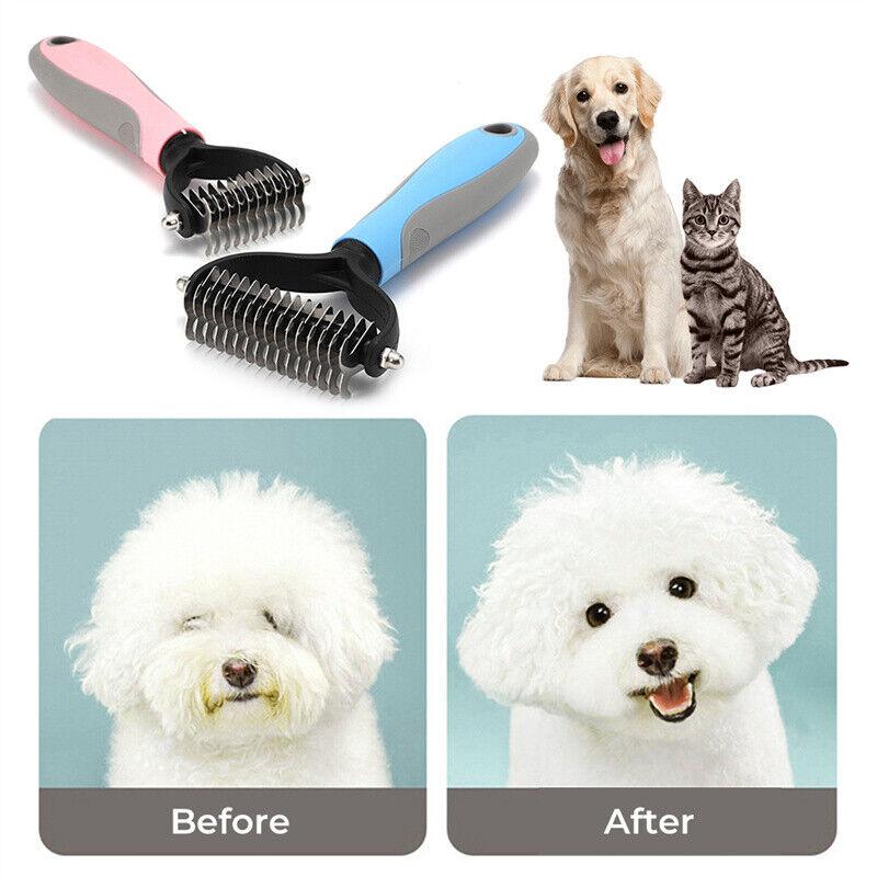 Grooming Brush For Pet Dog Cat Deshedding Tool Rake Comb Fur Remover Reduce 2-Side Dematting Tool For Dogs Cats Pets Grooming Brush Double Sided Shedding And Dematting Undercoat Rake Hair Removal Comb - Dog Hugs Cat